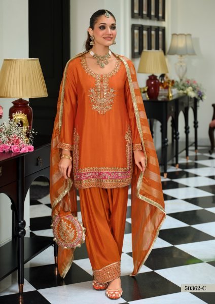 Iconic Orange Wedding Wear Chinon Beads Embroidered Farshi Suit for Women Churidar Salwar Suits Wholesale