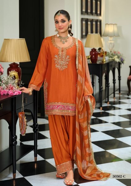 Iconic Orange Wedding Wear Chinon Beads Embroidered Farshi Suit for Women Churidar Salwar Suits Wholesale