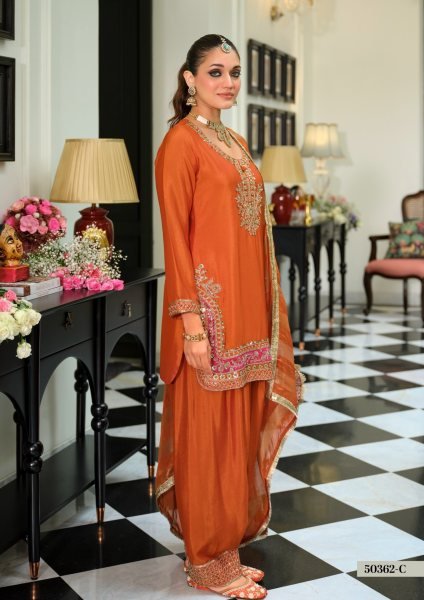 Iconic Orange Wedding Wear Chinon Beads Embroidered Farshi Suit for Women Churidar Salwar Suits Wholesale