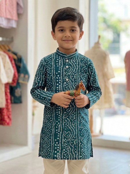 Iconic Peacosk Geen Bandhani Print Kids Kurta for Garba and Navratri Boys Wear