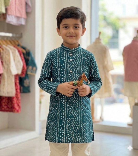 Iconic Peacosk Geen Bandhani Print Kids Kurta for Garba and Navratri Boys Wear