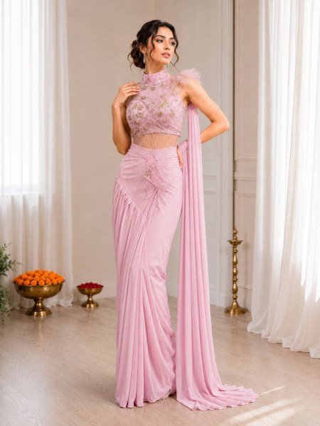 Iconic Pink Crepe Silk Saree with Attached Pallu and Stitched Net Blouse Sarees 