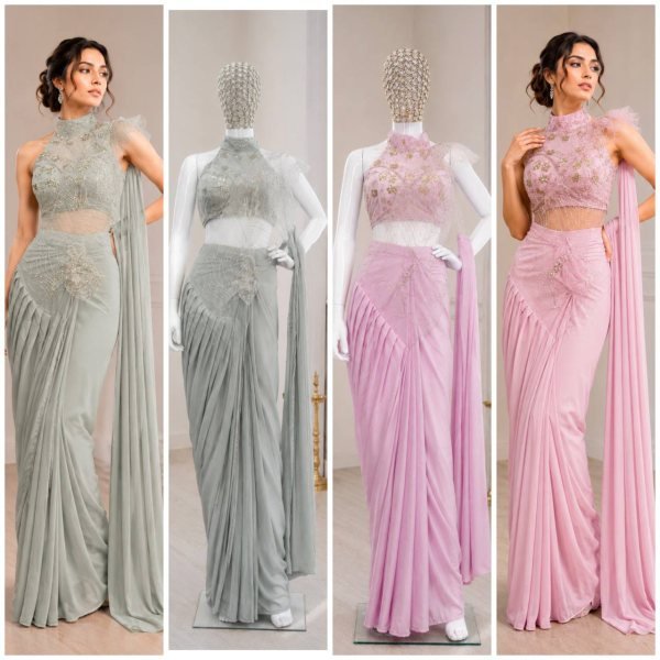 Iconic Pink Crepe Silk Saree with Attached Pallu and Stitched Net Blouse Ready To Wear Saree 