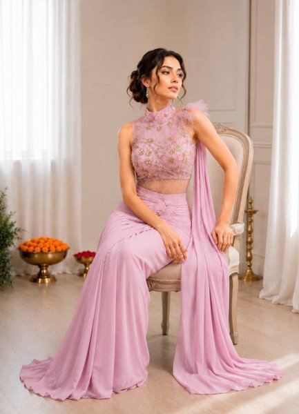 Iconic Pink Crepe Silk Saree with Attached Pallu and Stitched Net Blouse Ready To Wear Saree 