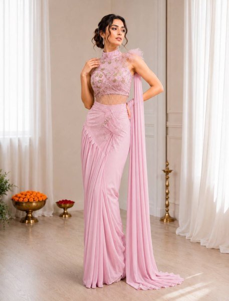 Iconic Pink Crepe Silk Saree with Attached Pallu and Stitched Net Blouse Ready To Wear Saree 