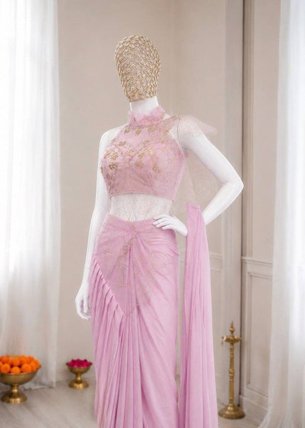 Iconic Pink Crepe Silk Saree with Attached Pallu and Stitched Net Blouse Ready To Wear Saree 