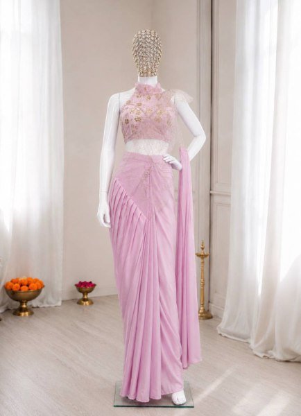 Iconic Pink Crepe Silk Saree with Attached Pallu and Stitched Net Blouse Ready To Wear Saree 