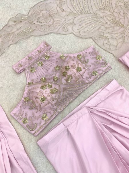 Iconic Pink Crepe Silk Saree with Attached Pallu and Stitched Net Blouse Ready To Wear Saree 