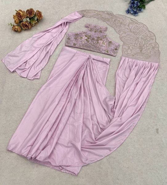 Iconic Pink Crepe Silk Saree with Attached Pallu and Stitched Net Blouse Ready To Wear Saree 