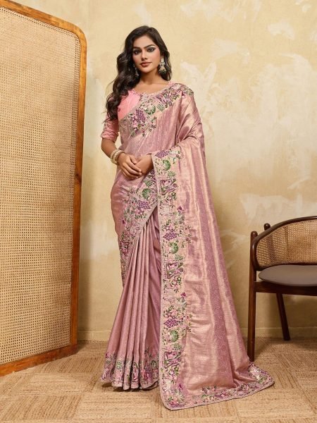 Iconic Pink Designer Kanjivaram Silk Saree with Beads Work Lace Border for Women Sarees 