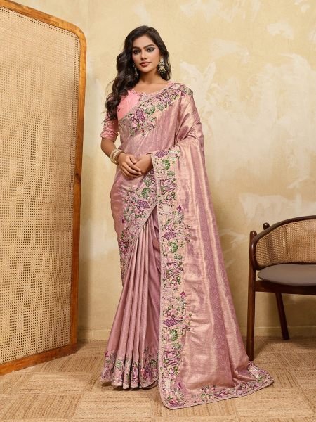 Iconic Pink Designer Kanjivaram Silk Saree with Beads Work Lace Border for Women Designer Wedding Sarees Wholesale