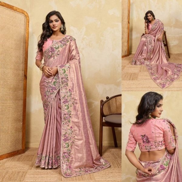 Iconic Pink Designer Kanjivaram Silk Saree with Beads Work Lace Border for Women Designer Wedding Sarees Wholesale