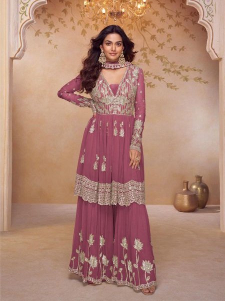 Iconic Pink Designer Real Chinon Three Piece Suit with Front and Back Embroidery 