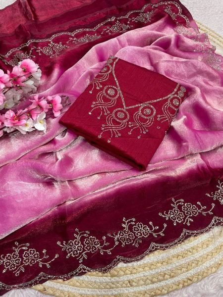 Iconic Pink Designer Space Soft Silk Saree with Jarkhan Work and Swarovski For Wedding 