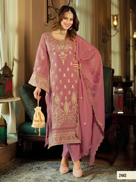Iconic Pink Soft Organza Suit Set with Heavy Embroidery and Silk Bottom 