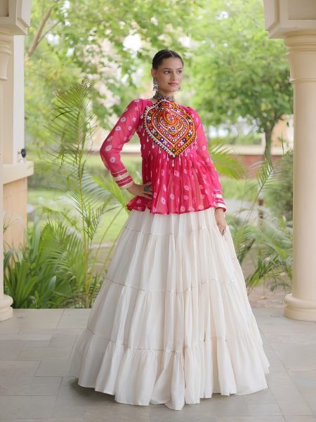 Iconic Pink White Garba Wear Lehenga Choli with Kutchi Gamthi Patchwork  Lehenga