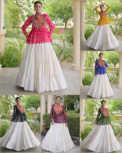 Iconic Pink White Garba Wear Lehenga Choli with Kutchi Gamthi Patchwork Navratri Lehnega Choli