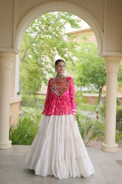 Iconic Pink White Garba Wear Lehenga Choli with Kutchi Gamthi Patchwork Navratri Lehnega Choli