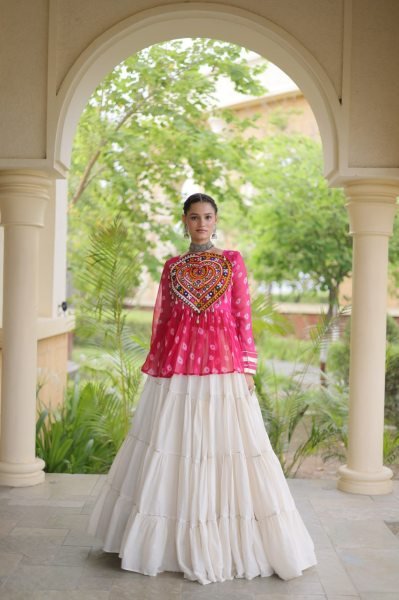 Iconic Pink White Garba Wear Lehenga Choli with Kutchi Gamthi Patchwork Navratri Lehnega Choli
