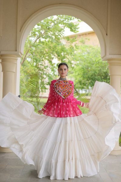 Iconic Pink White Garba Wear Lehenga Choli with Kutchi Gamthi Patchwork Navratri Lehnega Choli