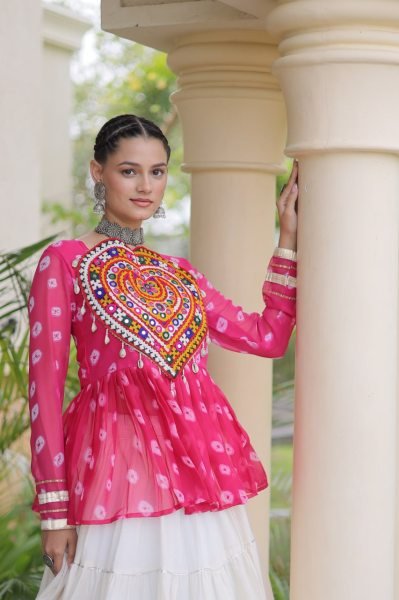 Iconic Pink White Garba Wear Lehenga Choli with Kutchi Gamthi Patchwork Navratri Lehnega Choli