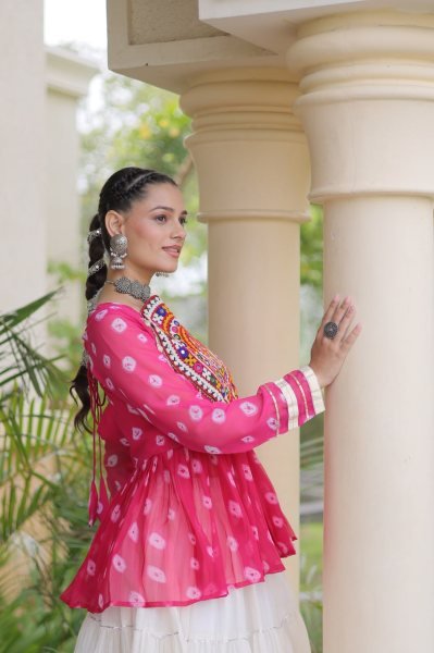 Iconic Pink White Garba Wear Lehenga Choli with Kutchi Gamthi Patchwork Navratri Lehnega Choli