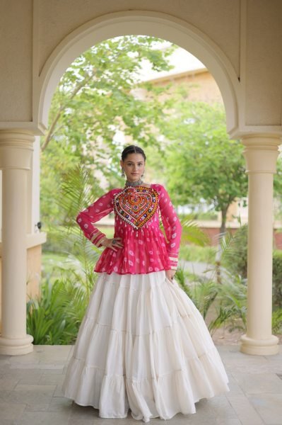 Iconic Pink White Garba Wear Lehenga Choli with Kutchi Gamthi Patchwork Navratri Lehnega Choli