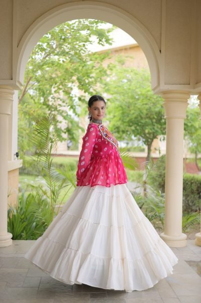 Iconic Pink White Garba Wear Lehenga Choli with Kutchi Gamthi Patchwork Navratri Lehnega Choli