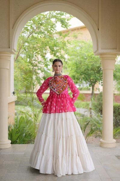 Iconic Pink White Garba Wear Lehenga Choli with Kutchi Gamthi Patchwork Navratri Lehnega Choli