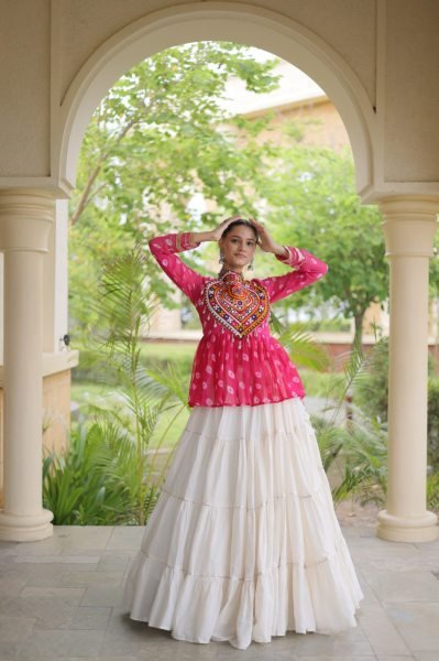 Iconic Pink White Garba Wear Lehenga Choli with Kutchi Gamthi Patchwork Navratri Lehnega Choli