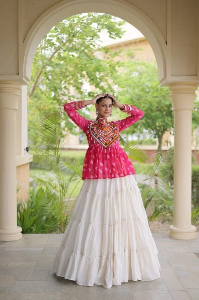 Iconic Pink White Garba Wear Lehenga Choli with Kutchi Gamthi Patchwork Navratri Lehnega Choli