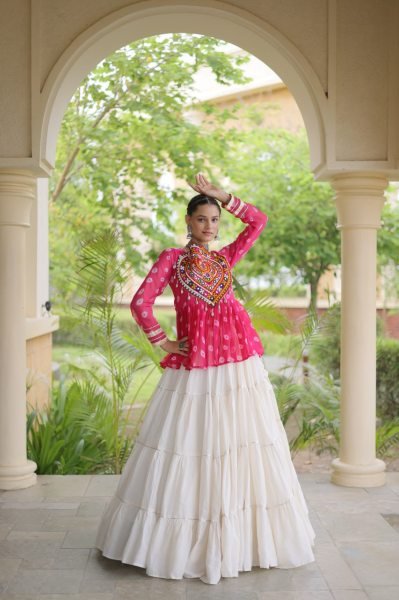 Iconic Pink White Garba Wear Lehenga Choli with Kutchi Gamthi Patchwork Navratri Lehnega Choli