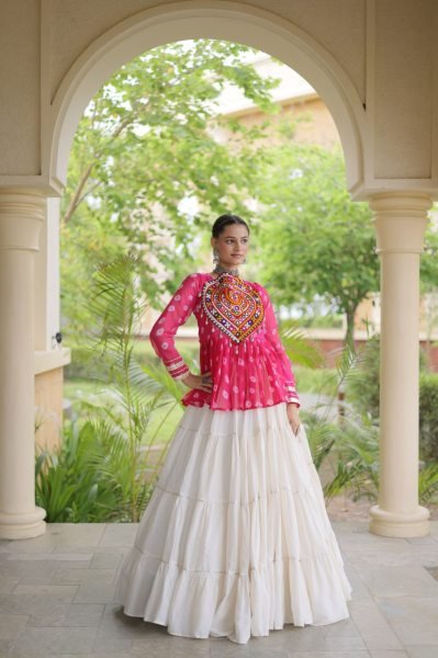 Iconic Pink White Garba Wear Lehenga Choli with Kutchi Gamthi Patchwork Navratri Lehnega Choli