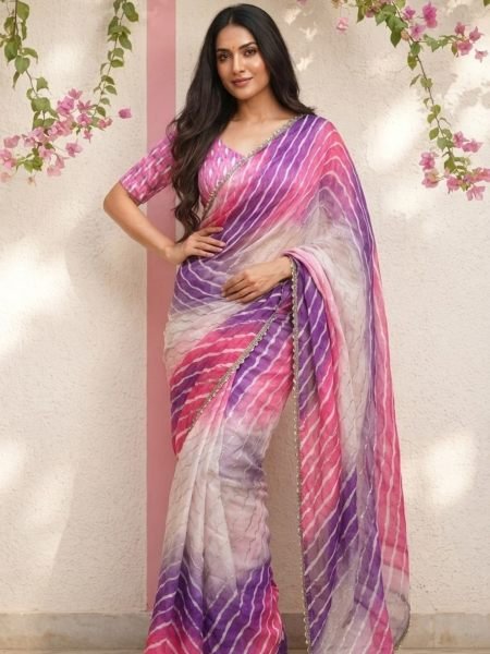 Iconic Pink Yellow Space Silk Digital Print Saree with Matching Printed Blouse 