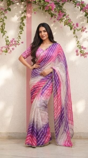 Iconic Pink Yellow Space Silk Digital Print Saree with Matching Printed Blouse Silk Sarees Wholesale