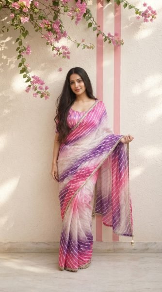 Iconic Pink Yellow Space Silk Digital Print Saree with Matching Printed Blouse Silk Sarees Wholesale