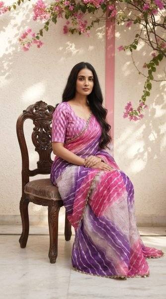 Iconic Pink Yellow Space Silk Digital Print Saree with Matching Printed Blouse Silk Sarees Wholesale