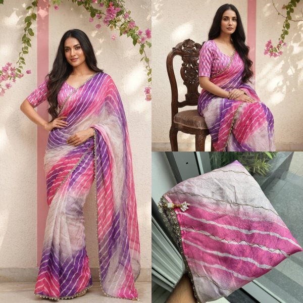 Iconic Pink Yellow Space Silk Digital Print Saree with Matching Printed Blouse Silk Sarees Wholesale