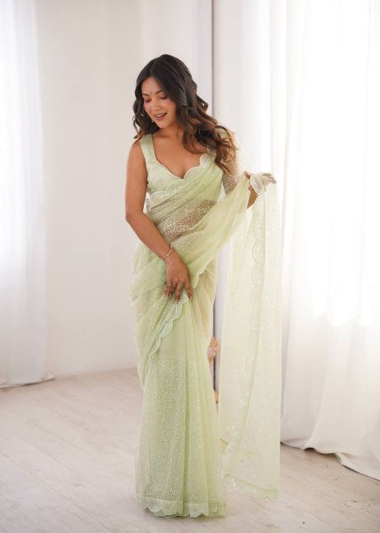 Iconic Pista Heavy Soft Net Saree with Designer Sequin Embroidery Work at Manufacturer  Net Sarees Wholesale