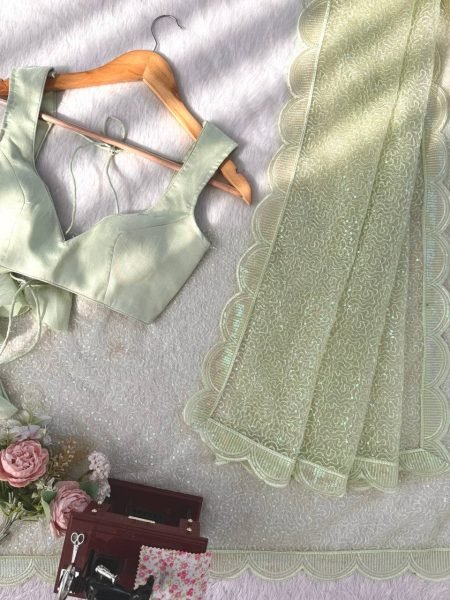 Iconic Pista Heavy Soft Net Saree with Designer Sequin Embroidery Work at Manufacturer  Net Sarees Wholesale