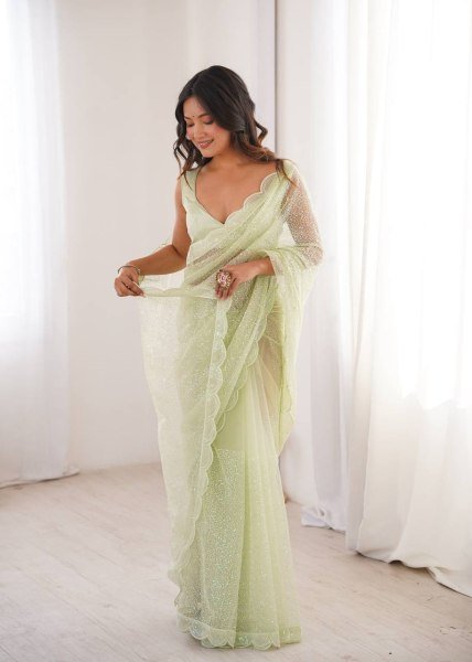 Iconic Pista Heavy Soft Net Saree with Designer Sequin Embroidery Work at Manufacturer  Net Sarees Wholesale