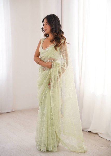 Iconic Pista Heavy Soft Net Saree with Designer Sequin Embroidery Work at Manufacturer  Net Sarees Wholesale