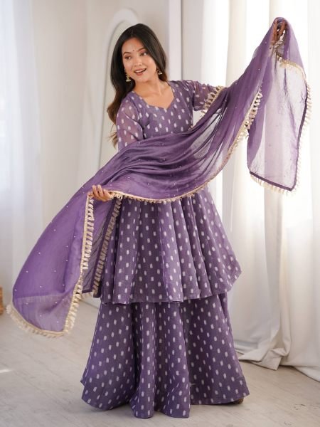 Iconic Purple Crunchy Silk Jacquard Butti Top Sharara Palazzo with Dupatta Set for Reseller Ready To Wear Suit