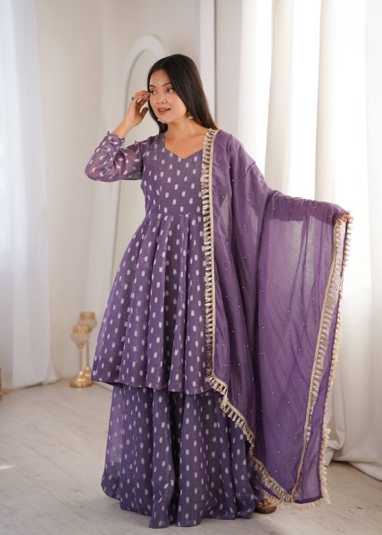 Iconic Purple Crunchy Silk Jacquard Butti Top Sharara Palazzo with Dupatta Set for Reseller Ready To Wear Collection