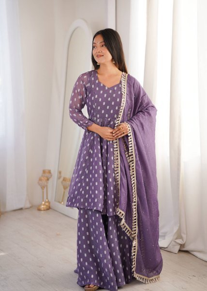 Iconic Purple Crunchy Silk Jacquard Butti Top Sharara Palazzo with Dupatta Set for Reseller Ready To Wear Collection