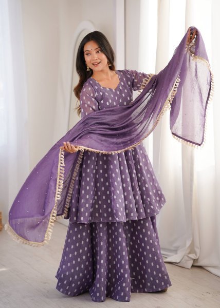 Iconic Purple Crunchy Silk Jacquard Butti Top Sharara Palazzo with Dupatta Set for Reseller Ready To Wear Collection