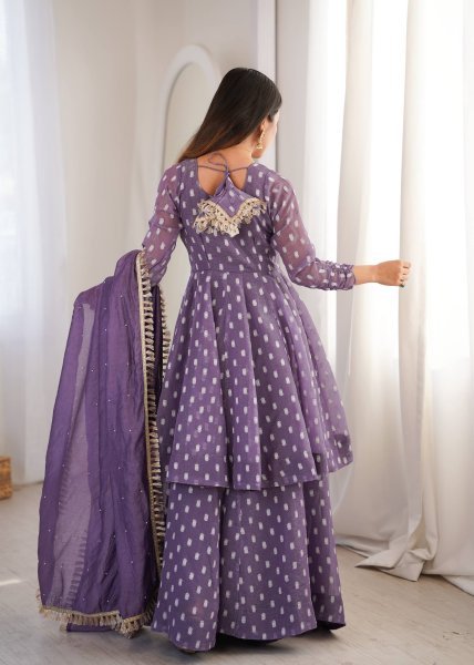 Iconic Purple Crunchy Silk Jacquard Butti Top Sharara Palazzo with Dupatta Set for Reseller Ready To Wear Collection