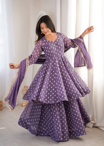 Iconic Purple Crunchy Silk Jacquard Butti Top Sharara Palazzo with Dupatta Set for Reseller Ready To Wear Collection
