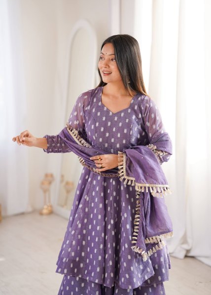 Iconic Purple Crunchy Silk Jacquard Butti Top Sharara Palazzo with Dupatta Set for Reseller Ready To Wear Collection