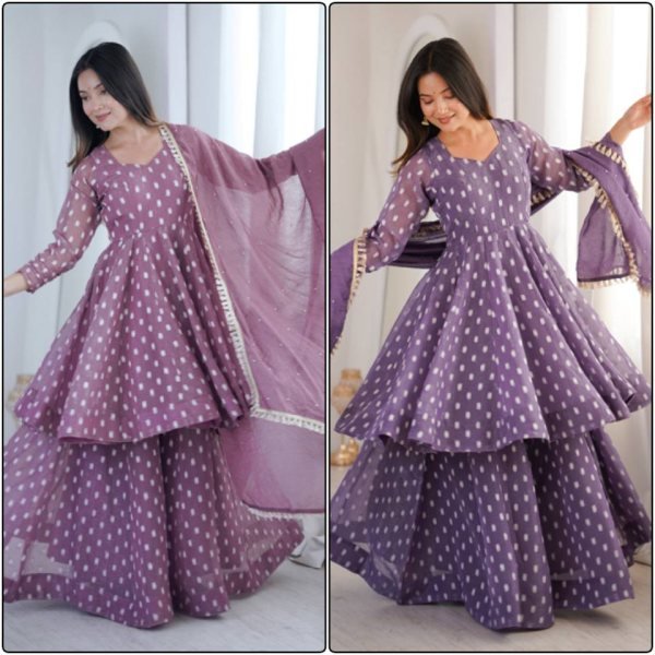 Iconic Purple Crunchy Silk Jacquard Butti Top Sharara Palazzo with Dupatta Set for Reseller Ready To Wear Collection